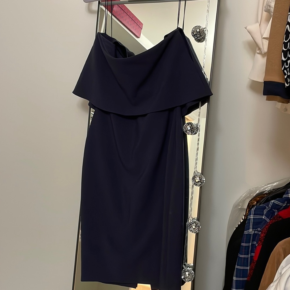 Likely Driggs strapless navy dress. Excellent condition.